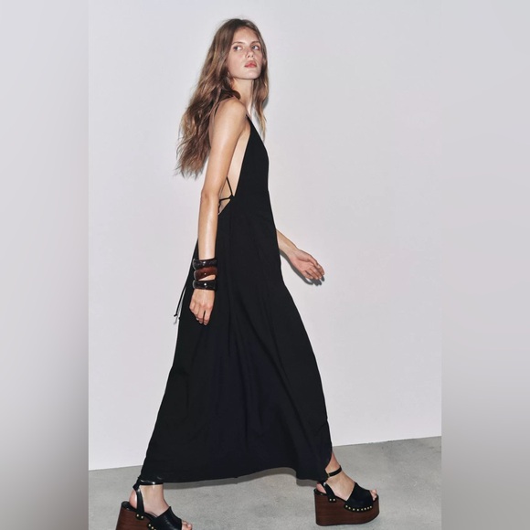 Zara open back long black dress with ties sz.XS - Picture 5 of 16